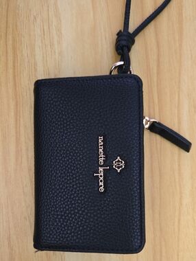 Nanette Lepore Black Pebbled Leather Zip Wristlet with Gold Logo